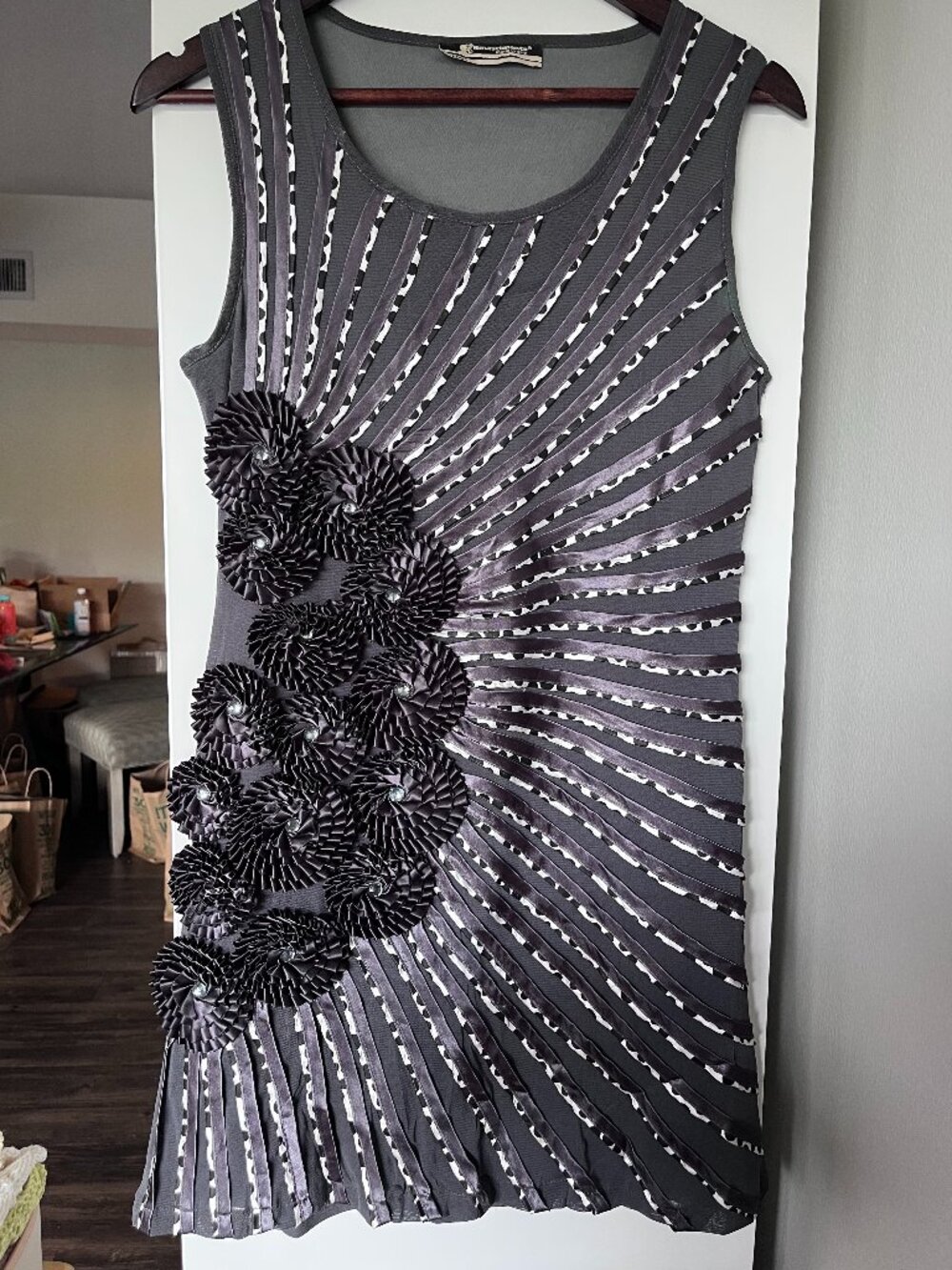Rinascimento Italy Grey Ribbon Rosette Rhinestone Party Dress Size M